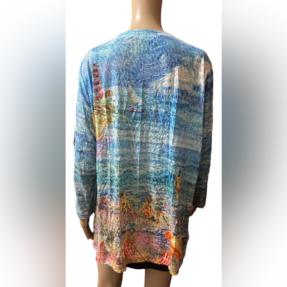 NWT Ali Miles Burn Out Crinkle Knit Plus Sz 3/4 Sleeve Hi-Low Hem Printed Tunic - Picture 4 of 9
